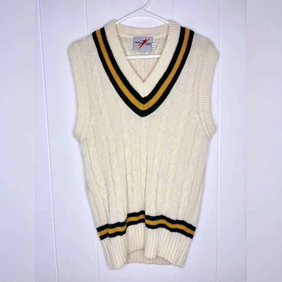 Gray Nicolls Vintage 80's Cricket Cream Green V-Neck Knit Sleeveless Jumper Vest - Picture 3 of 7